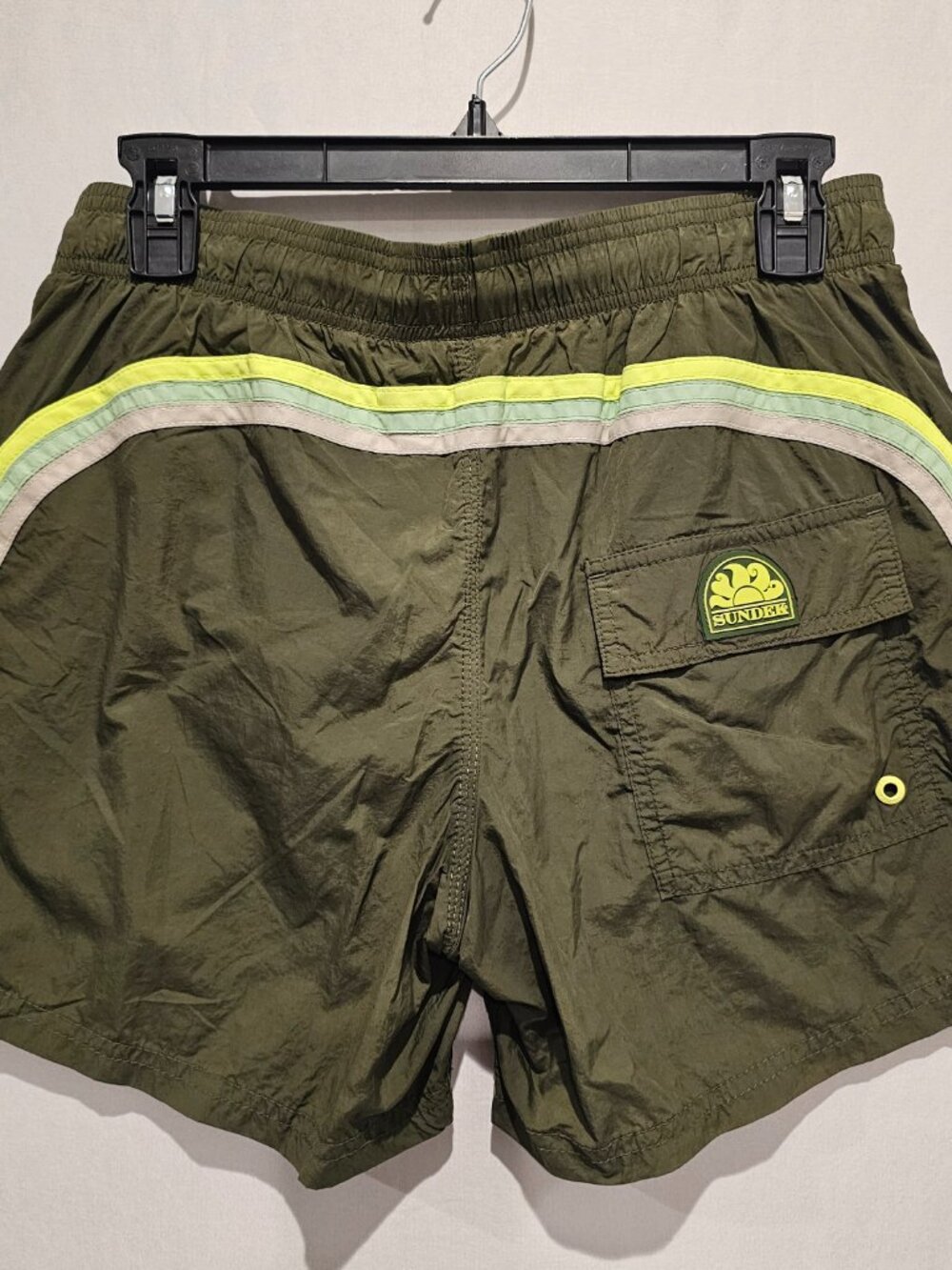 Sundek Men's Swim Trunks Olive Green Rainbow Stripe Elastic Waist M